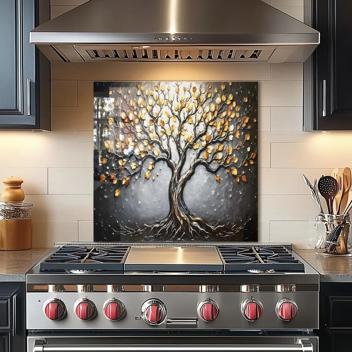 Tempered glass stove splashback protector with tree of life design