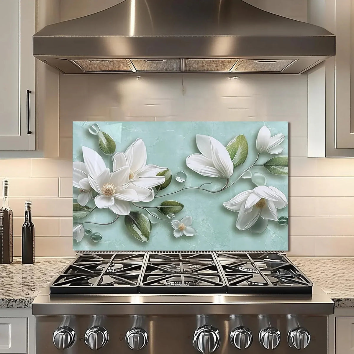 3D White Floral Tempered Glass Kitchen Backsplash - Unique Zone
