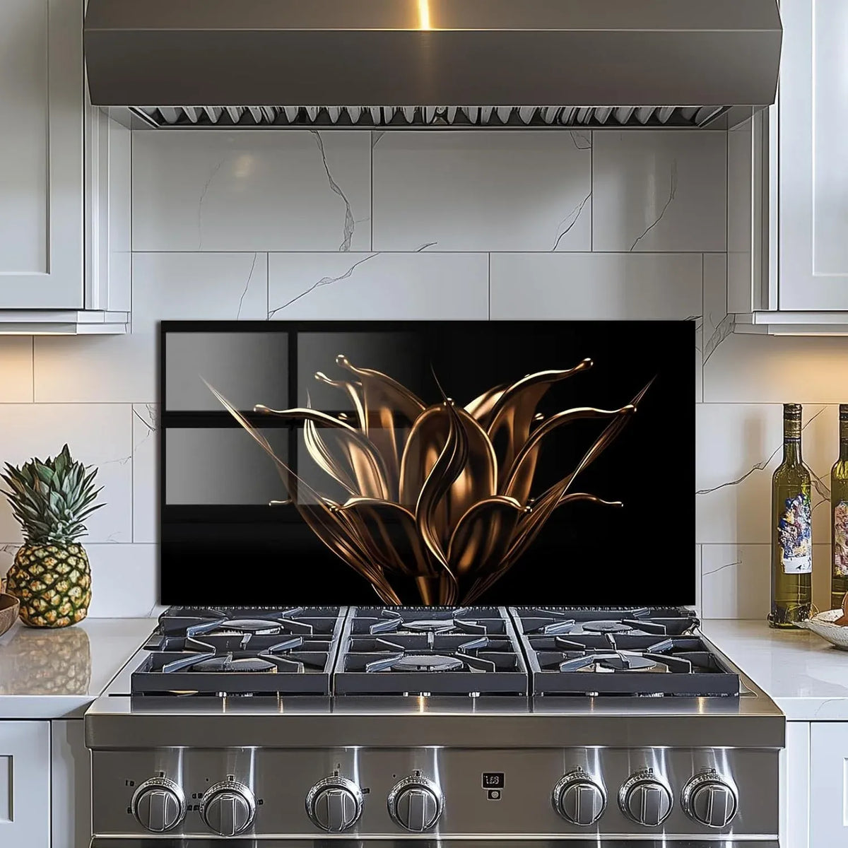 Golden Flowers Tempered Glass Kitchen Backsplash in Light Marble Tile Kitchen - Unique Zone