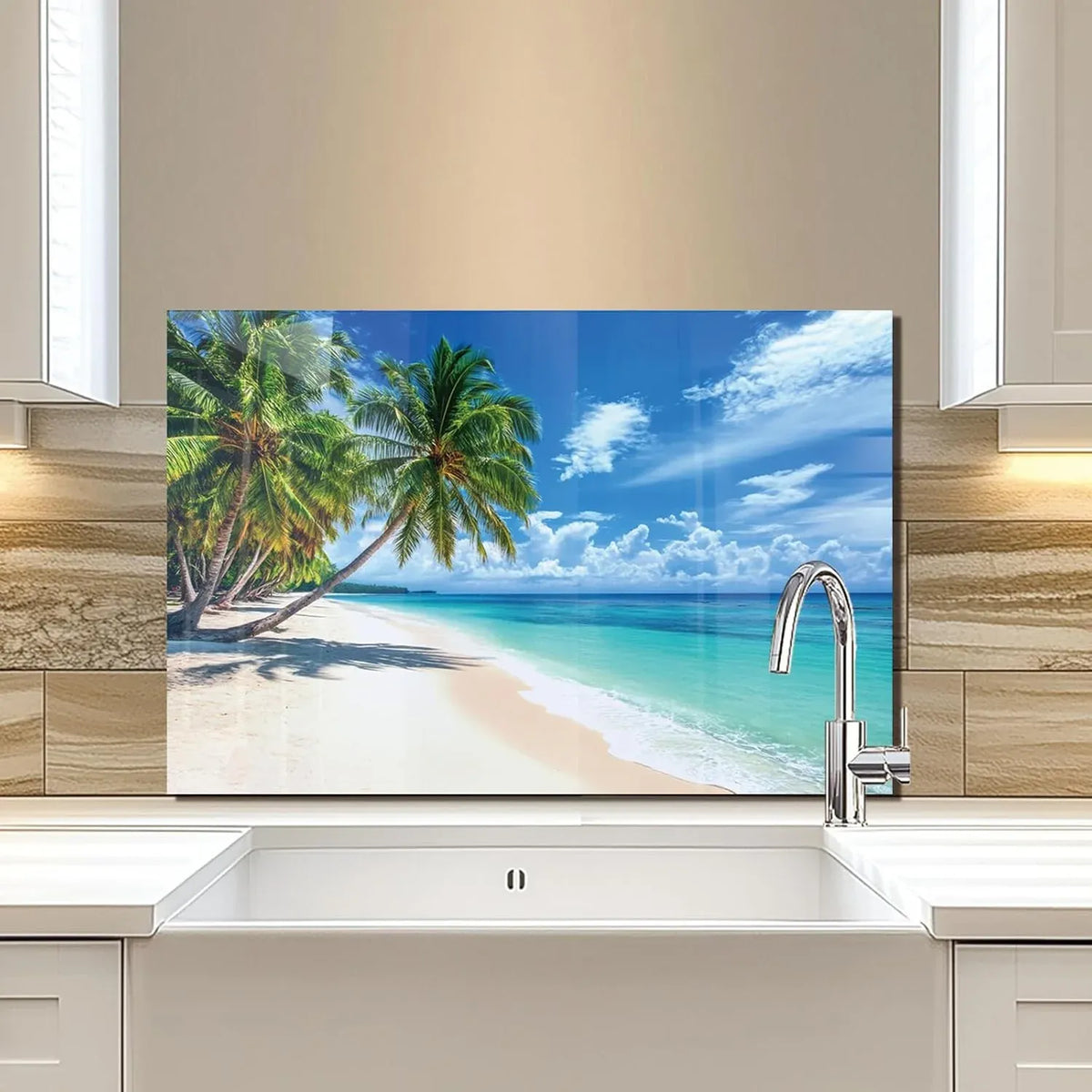 Coconut trees beach scene tempered glass kitchen sink cover splash guard