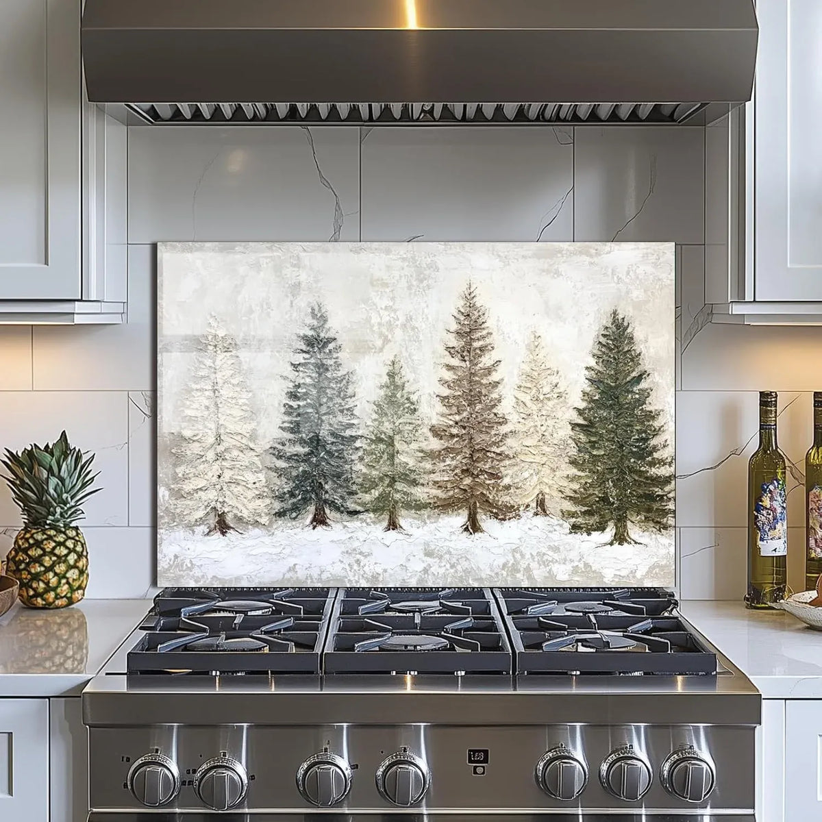 Snow scene tempered glass kitchen backsplash with winter trees design