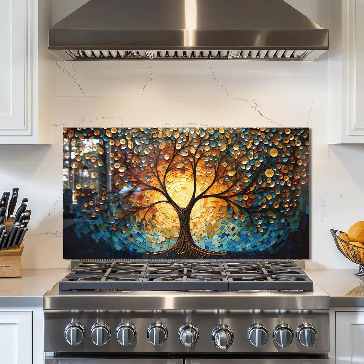 Tempered Glass Tree of Life Kitchen Backsplash above stainless steel stove, mosaic design