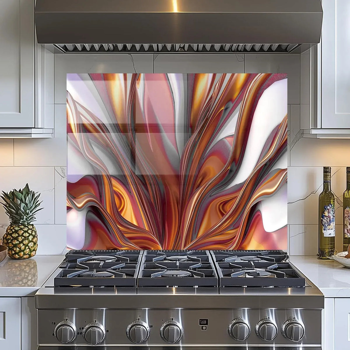 Abstract textured tempered glass kitchen backsplash with orange red swirls design