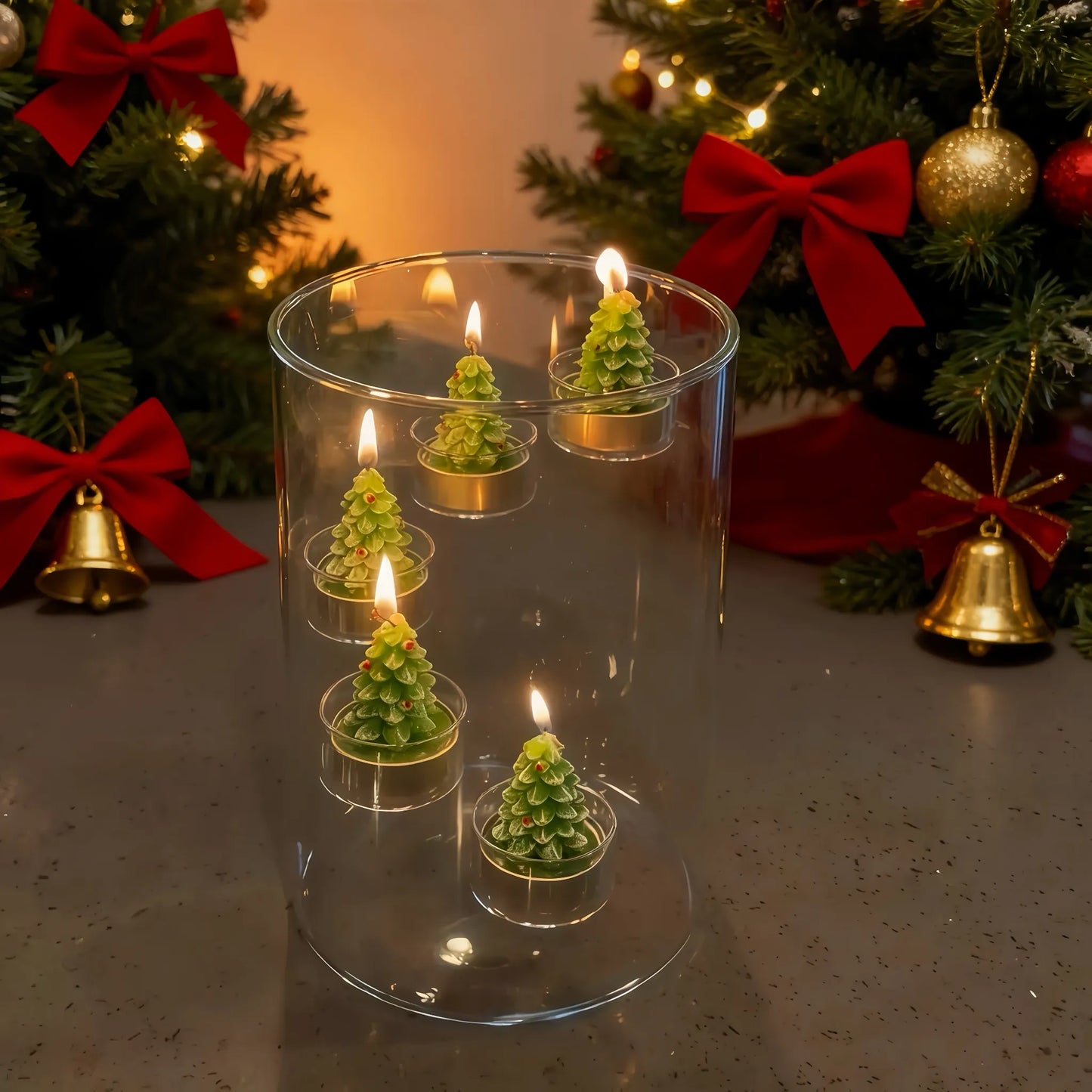 Mini Christmas Tree Candles Set in Glass Votive Holder
