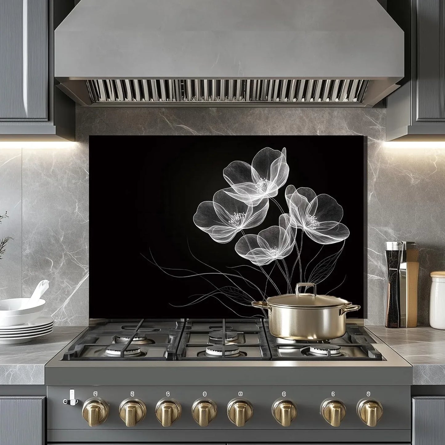 White Flower - Tempered Glass Backsplash for Kitchen