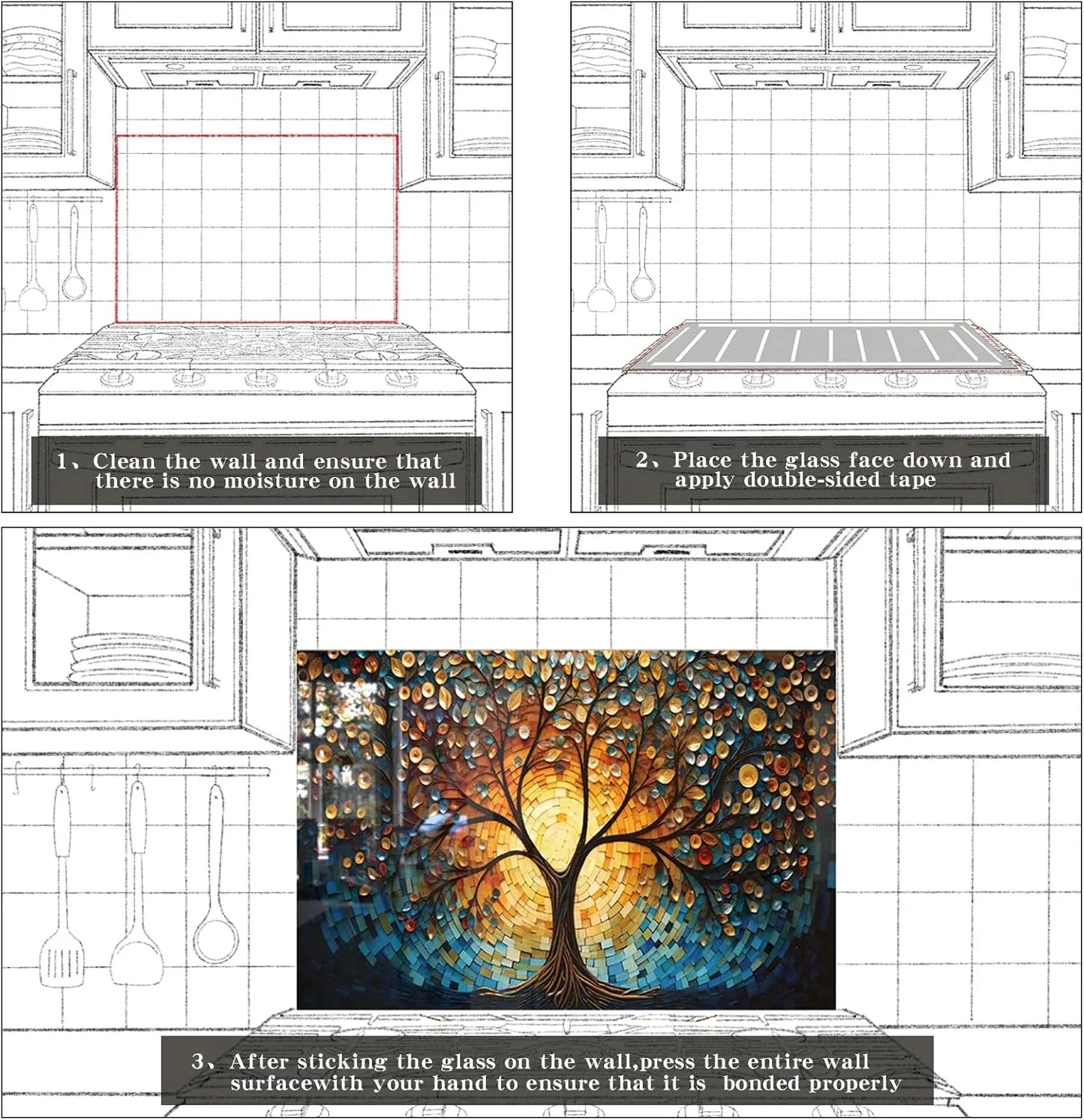 Step-by-step installation instructions for Tempered Glass Tree of Life Kitchen Wall Decor Splashback