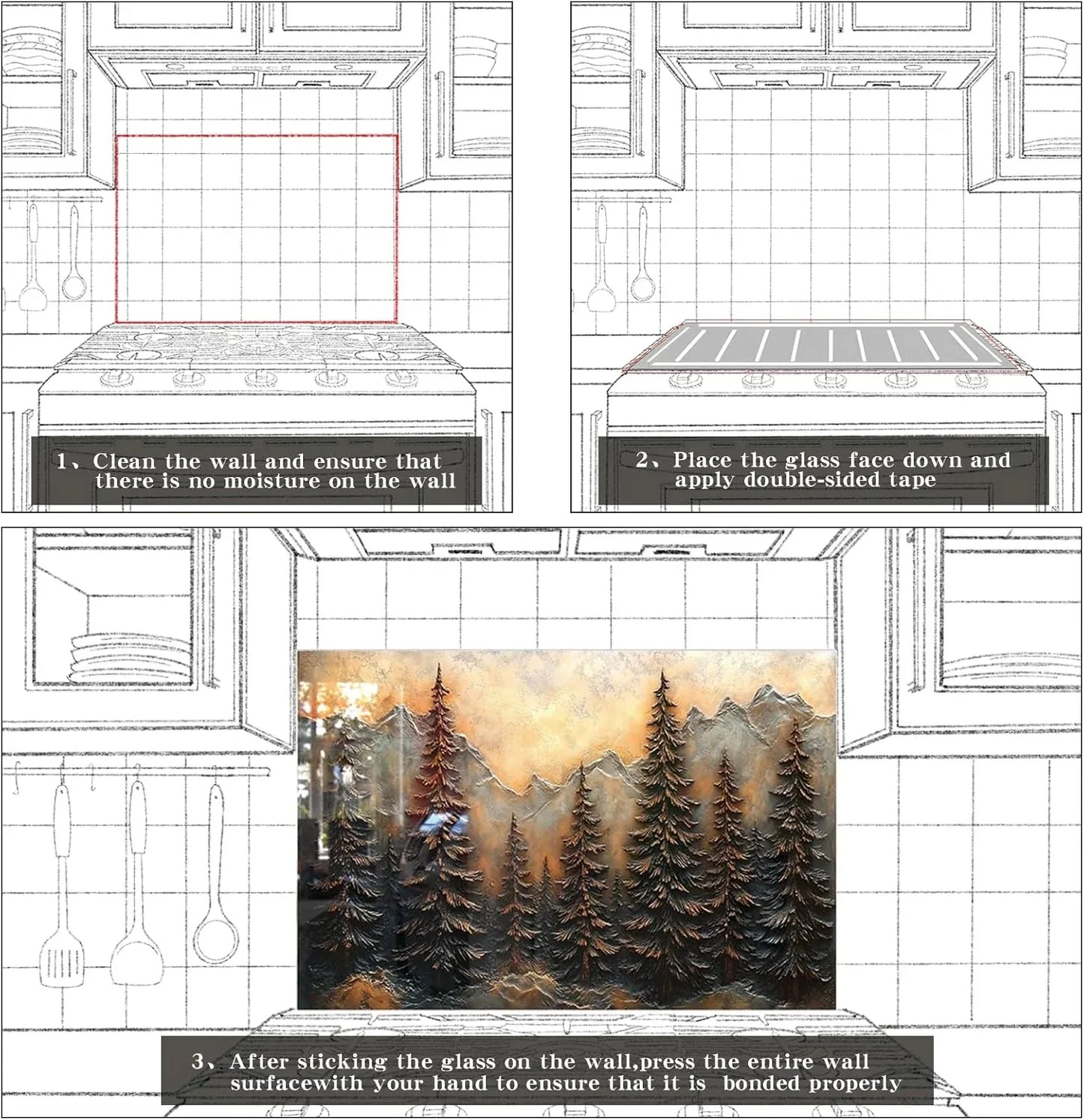 Installation guide for tempered glass 3D pine forest kitchen backsplash