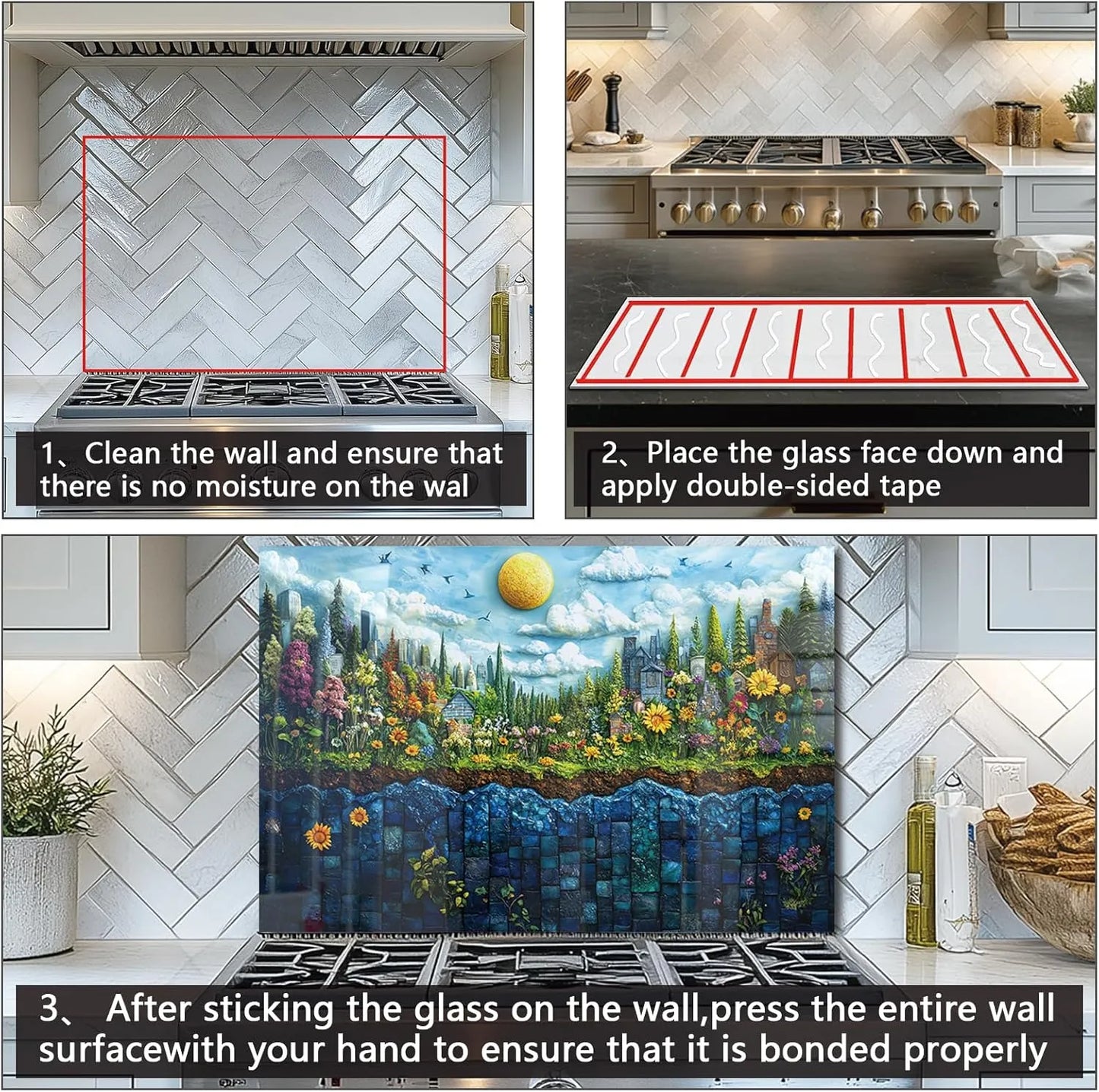 Installation guide for tempered glass stove backsplash: clean wall, apply tape, press firmly