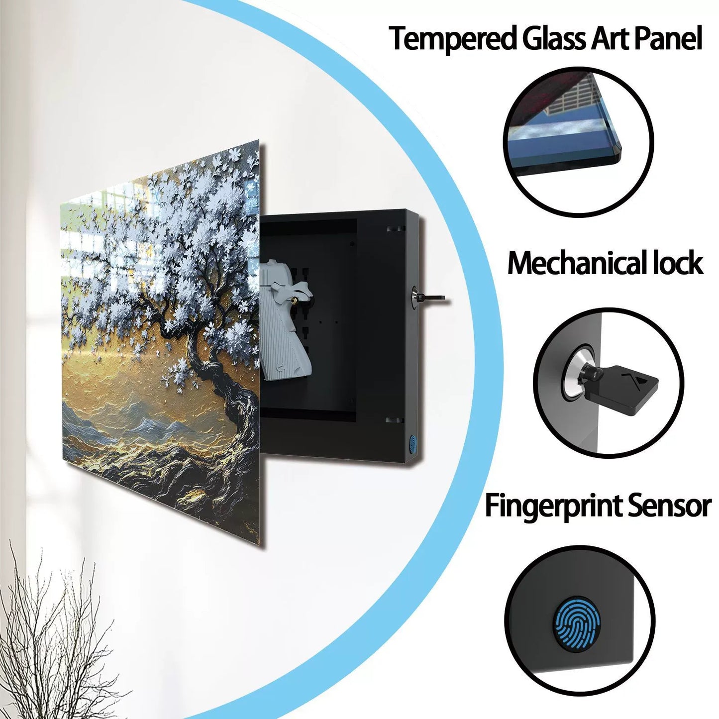 Glass Tree of Life Handgun Storage Cabinet - Tempered Glass Art Panel with Security Features