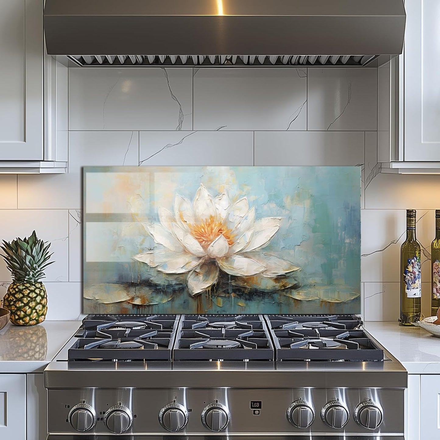 Pure White Lotus - Tempered Glass Backsplash for Kitchen