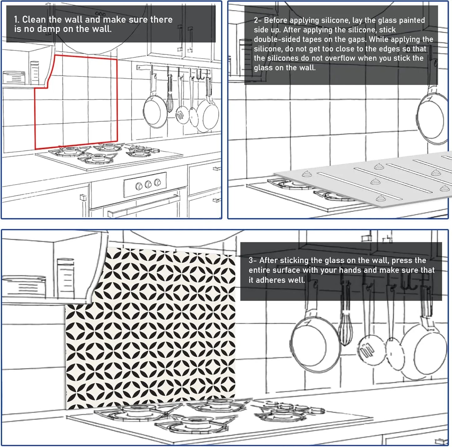 Installation guide for colorful tempered glass kitchen backsplash showing wall prep and application steps