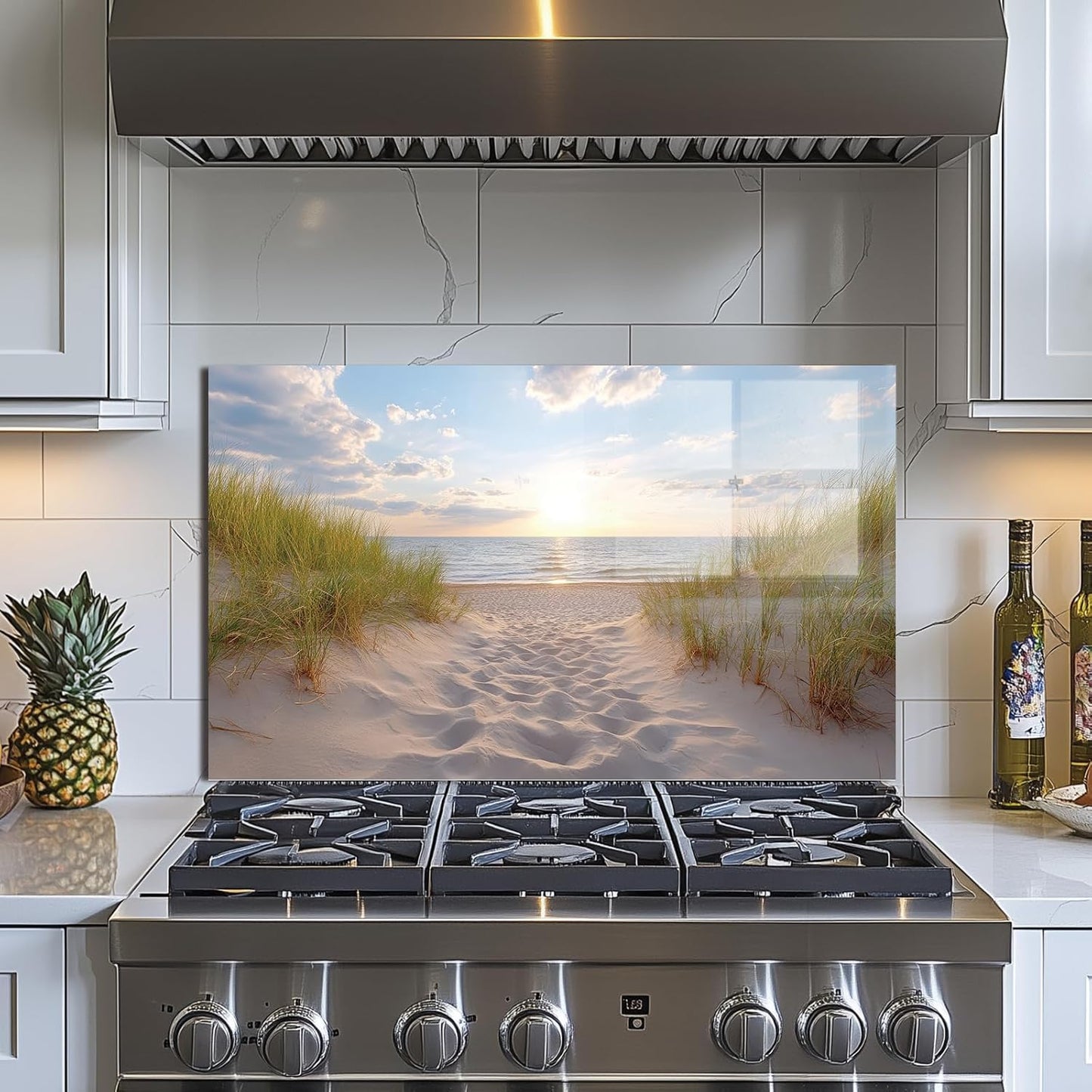 Beach Tempered Glass Kitchen Backsplash