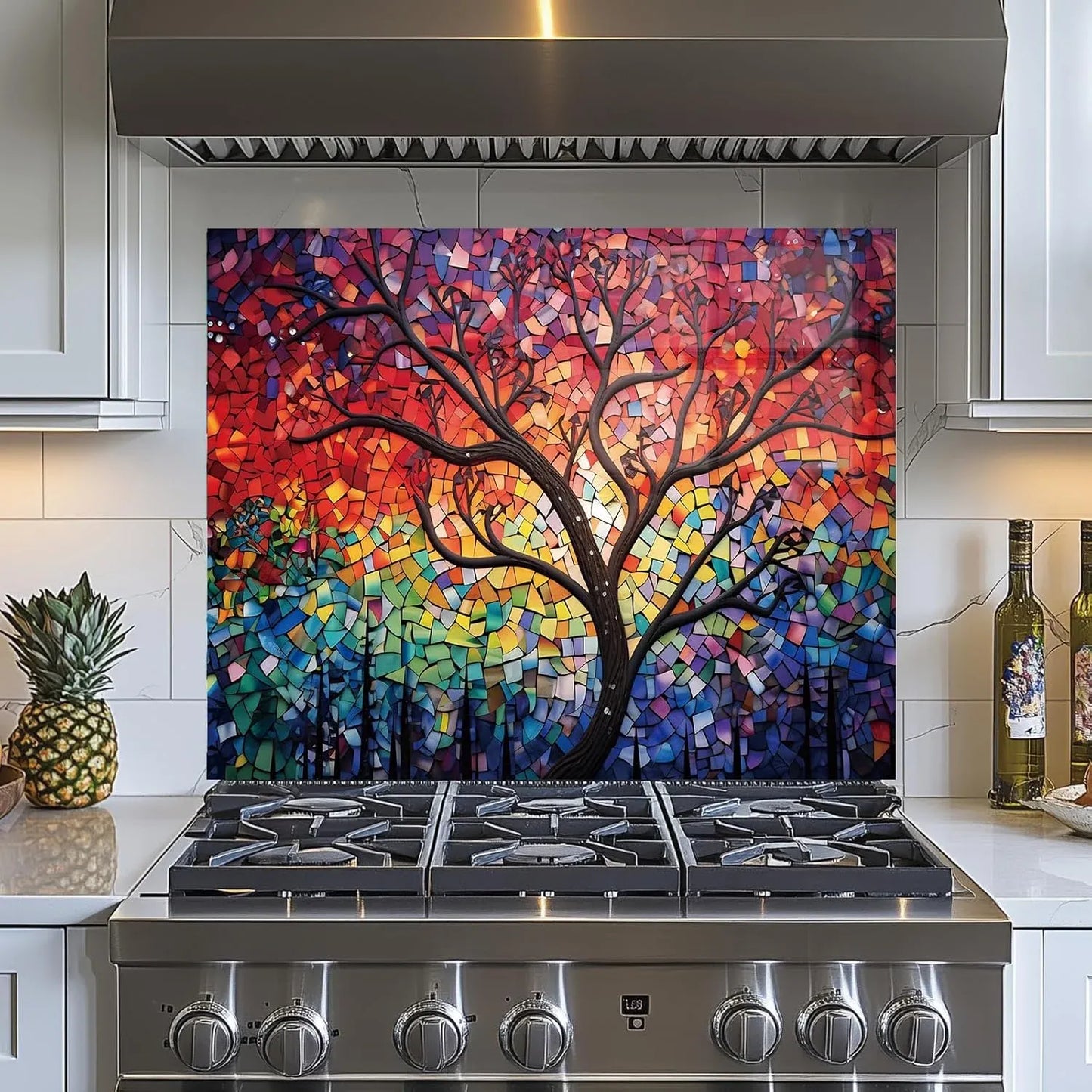 Sun Tree Glass Backsplash with Vibrant Mosaic Tree Design in Modern Kitchen