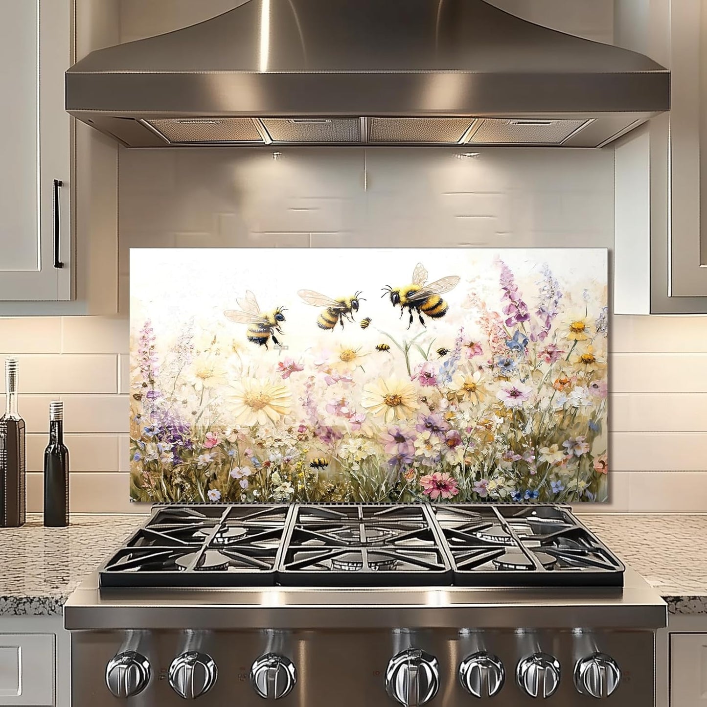 Bees in the flowers Tempered Glass Kitchen Backsplash