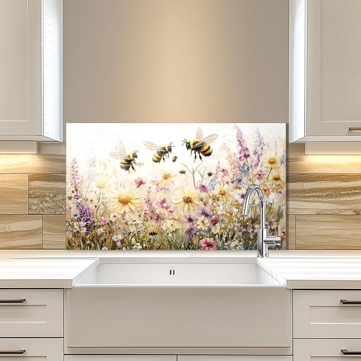 Bees in the flowers Tempered Glass Kitchen Backsplash
