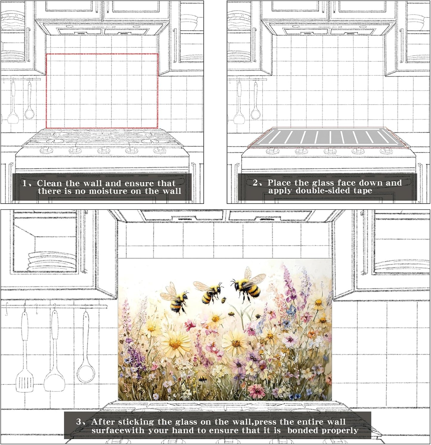 Bees in the flowers Tempered Glass Kitchen Backsplash