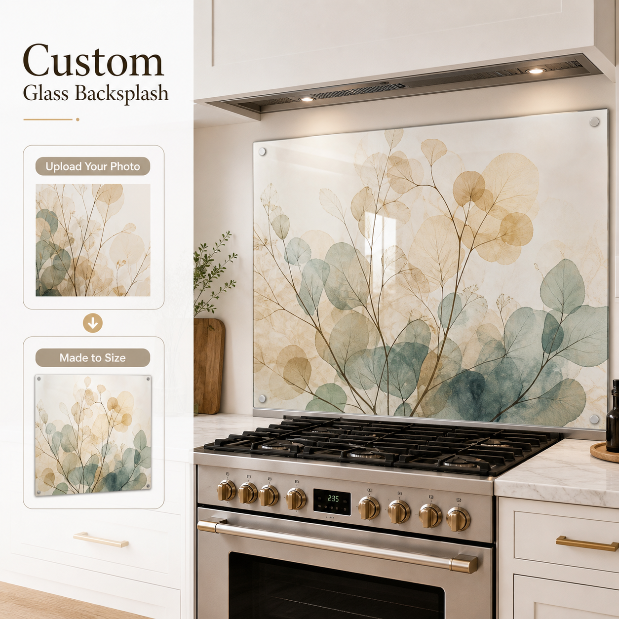 Custom tempered glass kitchen backsplash panel made to size by Unique Zone