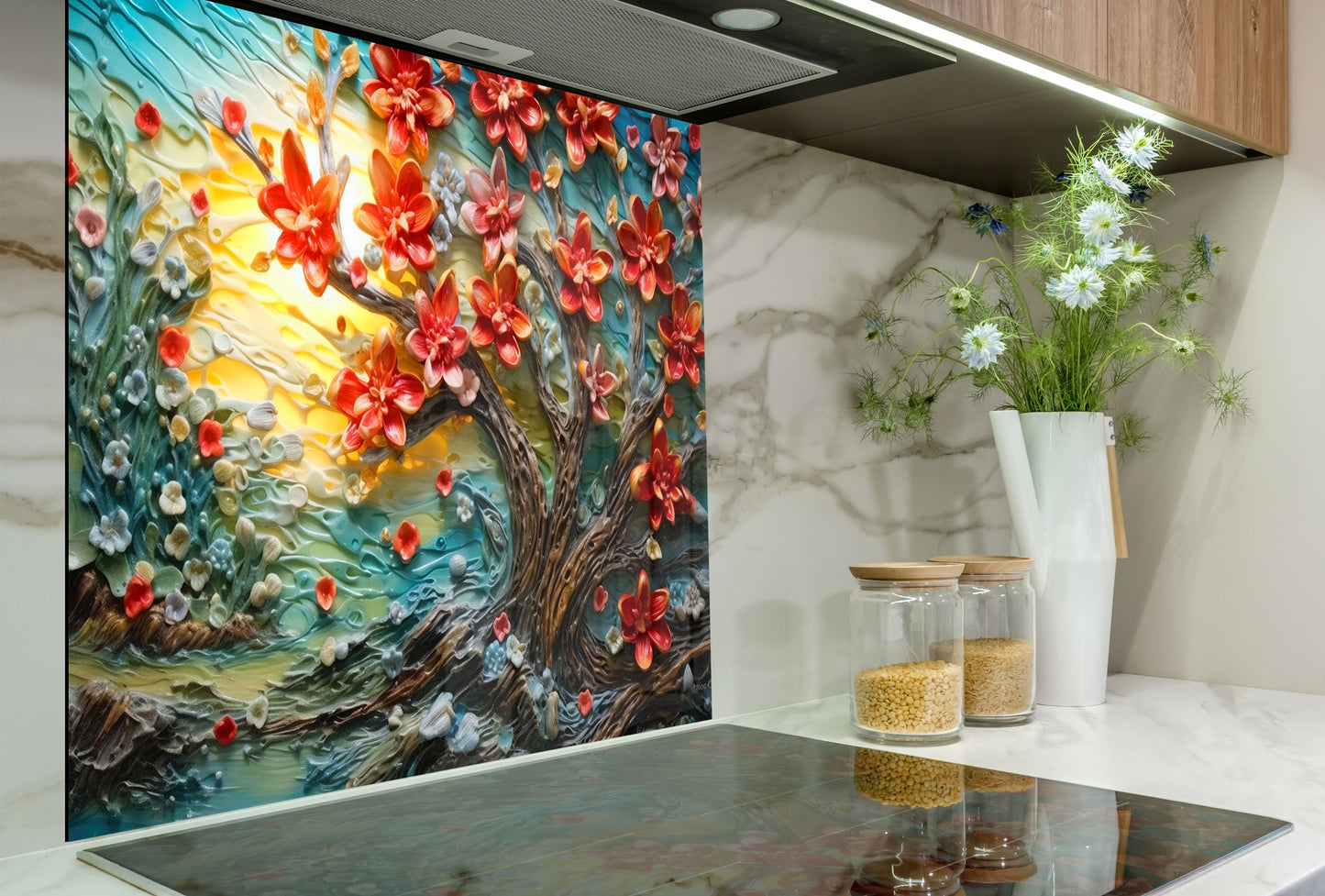 Blossoming Sunrise Tree - Glass Kitchen Backsplash