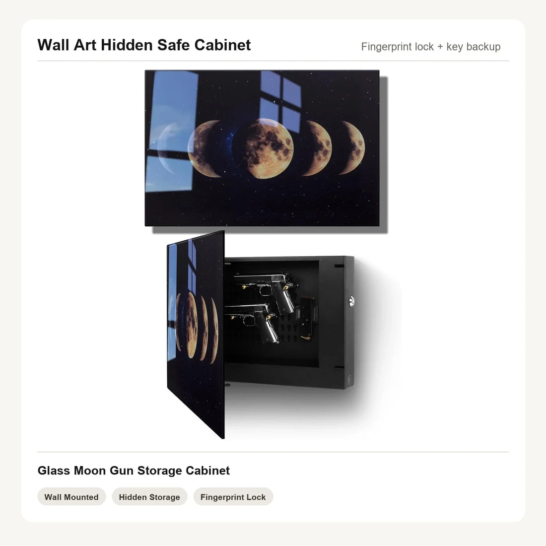 Moon wall art hidden gun storage cabinet with tempered glass front and fingerprint lock