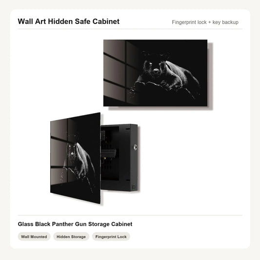 Black Panther hidden handgun storage wall art with fingerprint and mechanical lock access