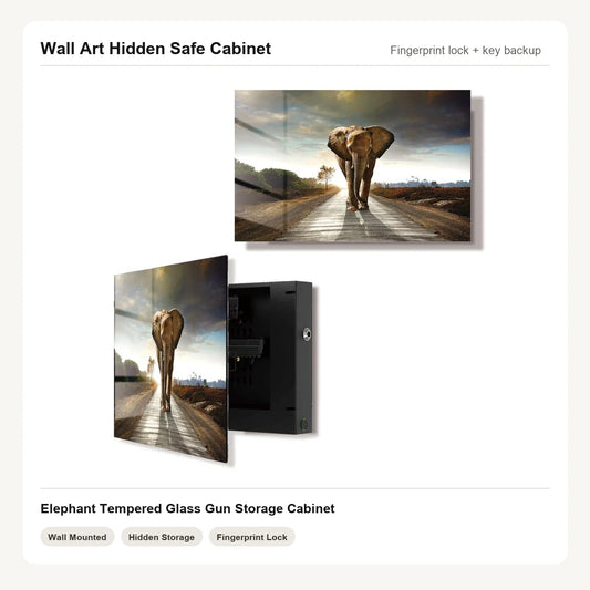 Elephant hidden handgun storage wall art used for one- or two-pistol fit planning