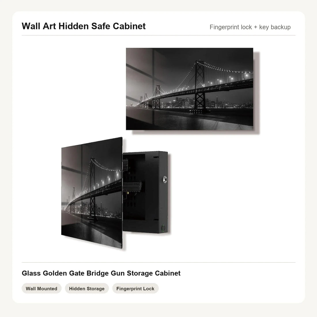 Golden Gate Bridge tempered glass wall art with discreet hidden handgun storage in a home office
