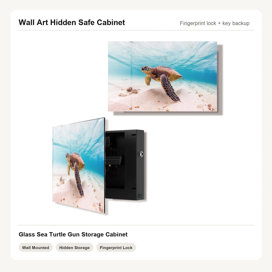 Sea Turtle hidden handgun storage wall art with tempered glass front and fingerprint lock