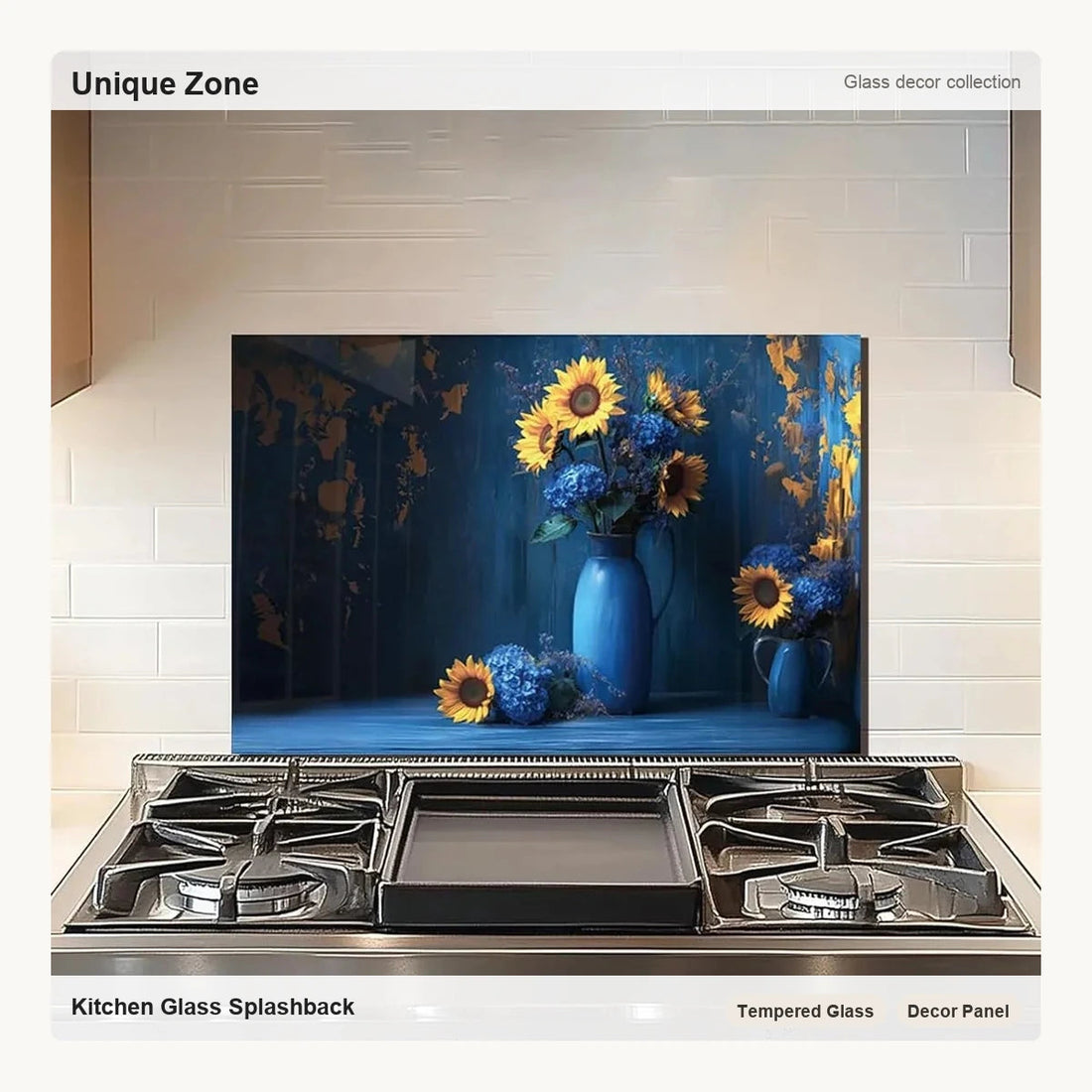 Blue Vase tempered glass backsplash behind stove for easy-clean kitchen wall protection
