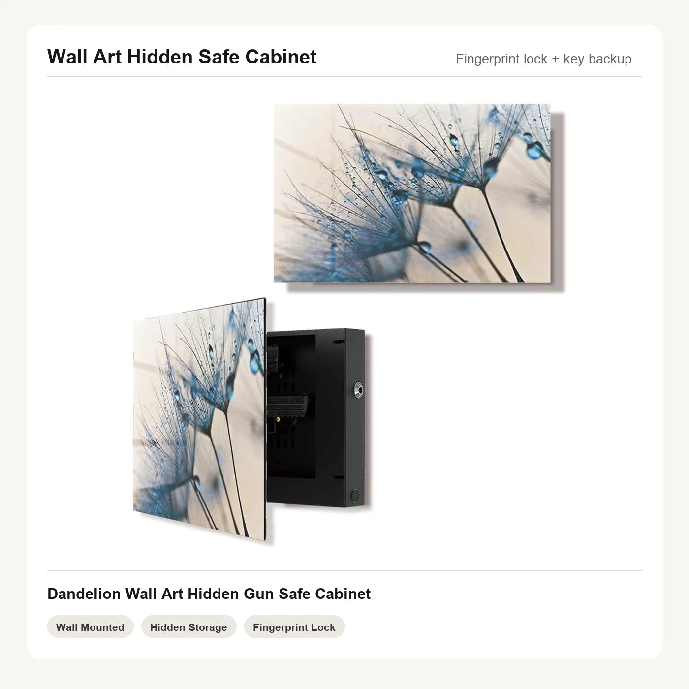 Dandelion wall art hidden gun storage cabinet with tempered glass front for discreet home placement