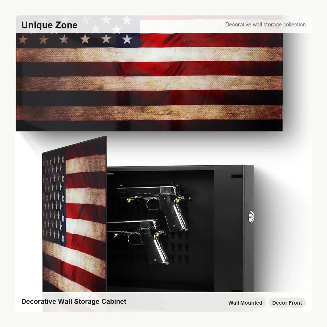 Flag wall art hidden gun storage cabinet with fingerprint and mechanical key access by Unique Zone