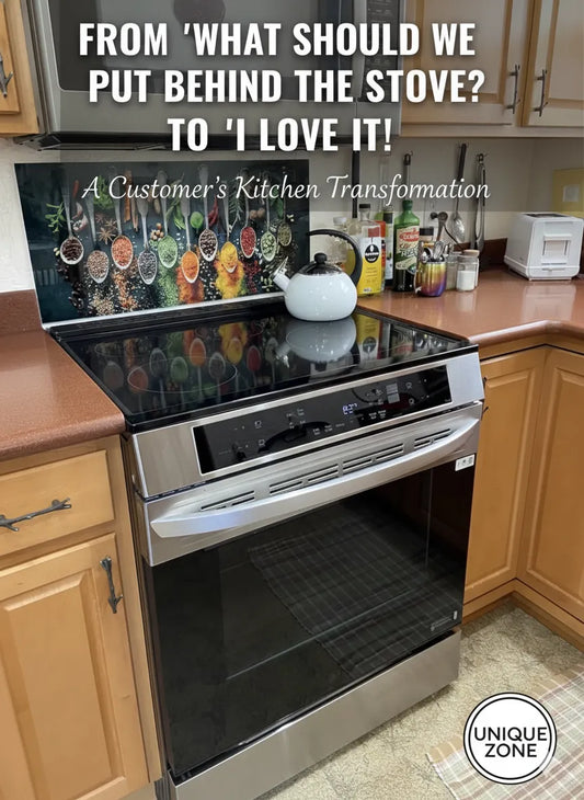 Colorful custom glass backsplash behind stove in kitchen transformation - sleek, easy to clean, heat-resistant