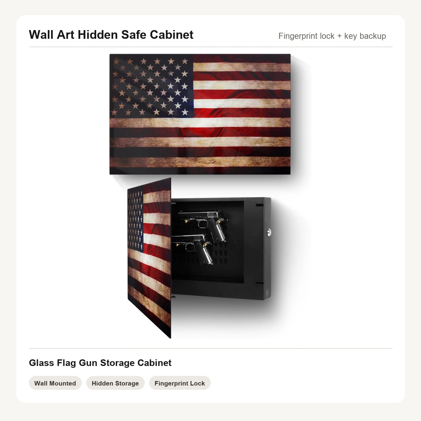American Flag Wall Art Hidden Gun Safe Cabinet with fingerprint lock by Unique Zone