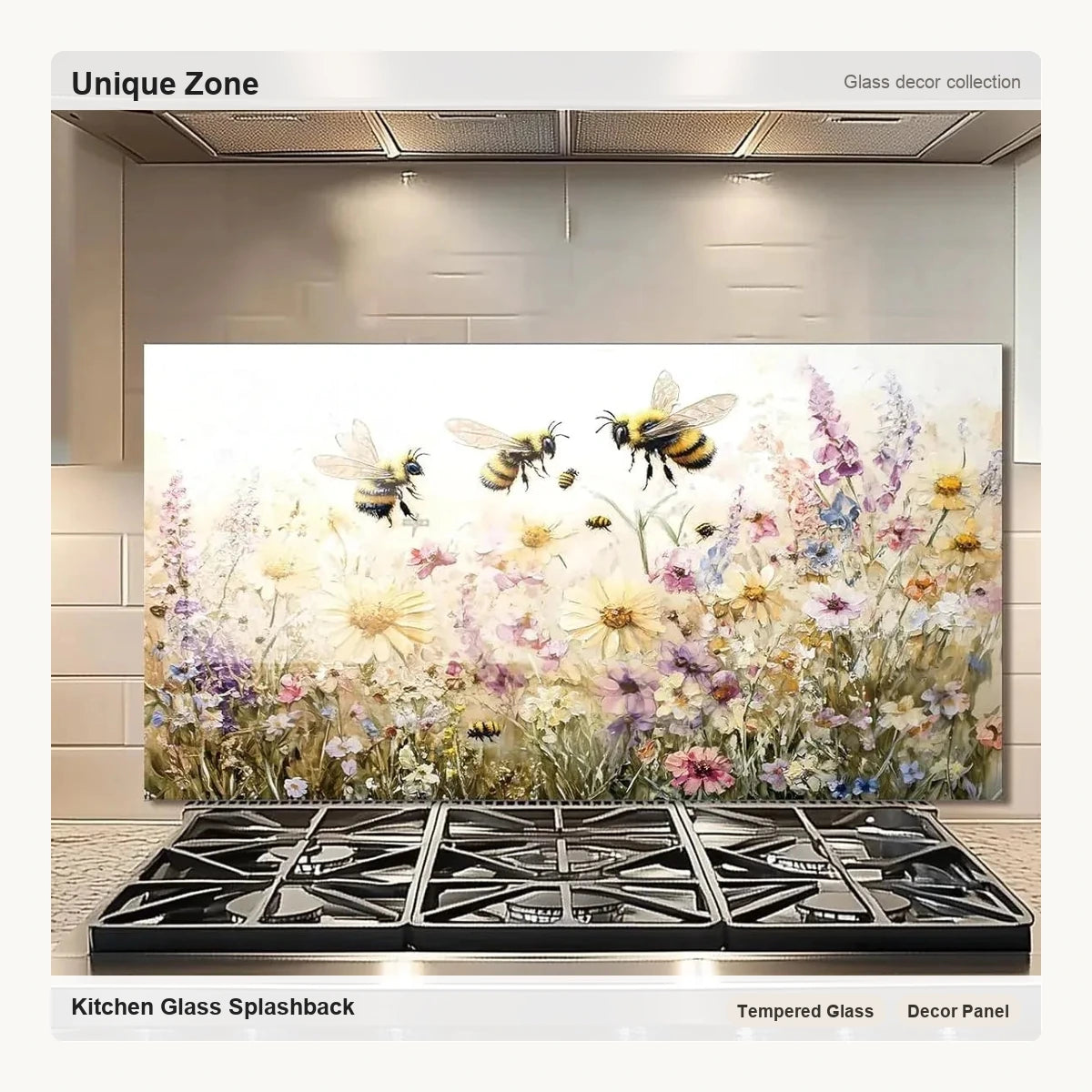 Bees in the flowers Tempered Glass Kitchen Backsplash - Unique Zone correct branded main image