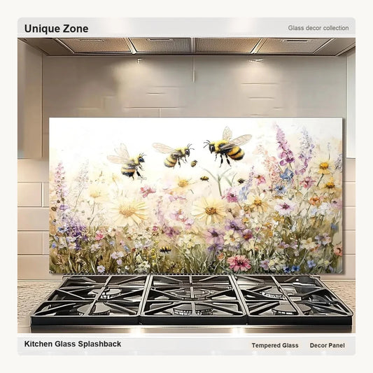 Bees in the flowers Tempered Glass Kitchen Backsplash - Unique Zone correct branded main image