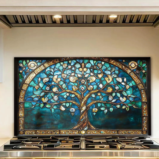 Tree of Life Bohemia tempered glass kitchen backsplash close-up product view