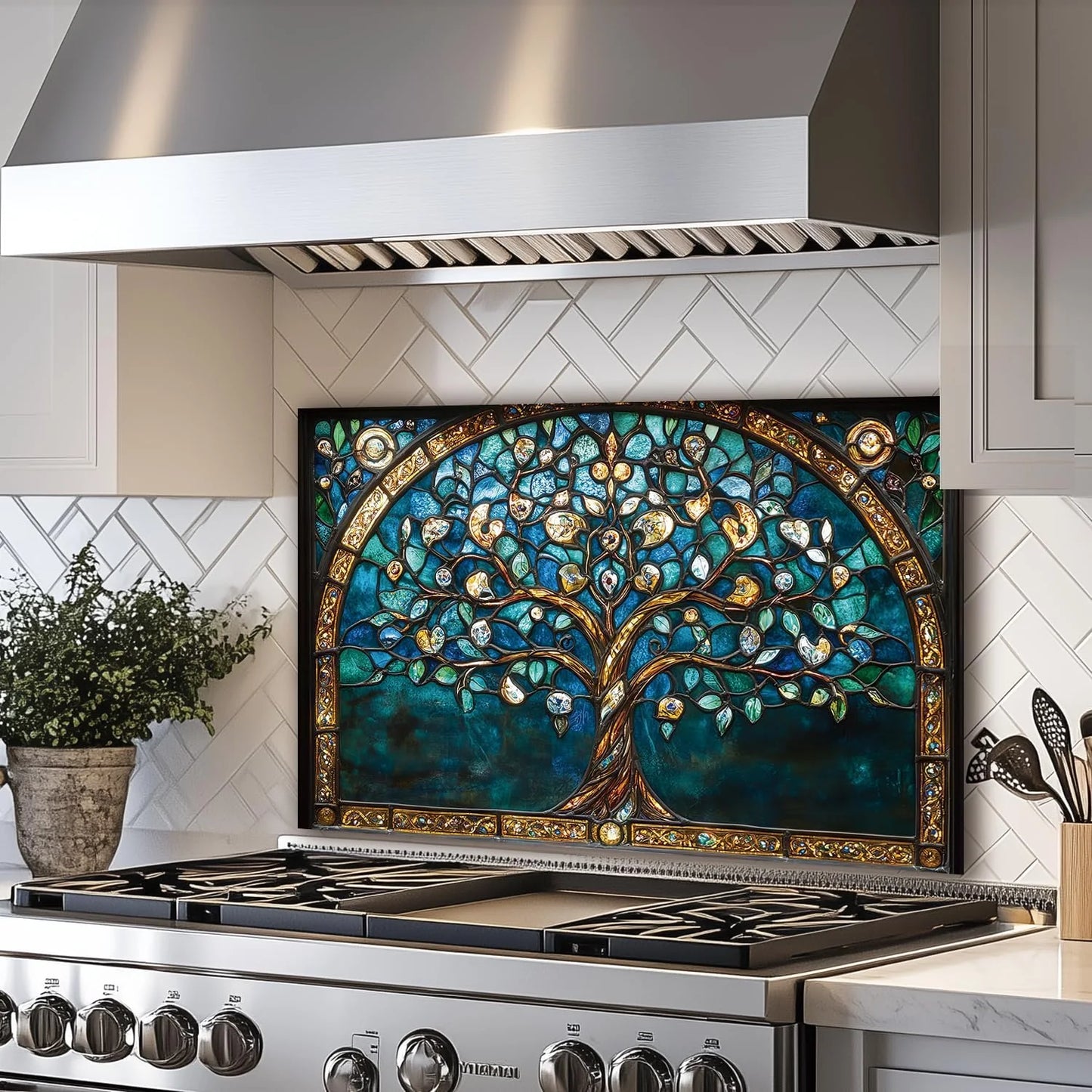 Tree of Life Bohemia tempered glass kitchen backsplash size reference view