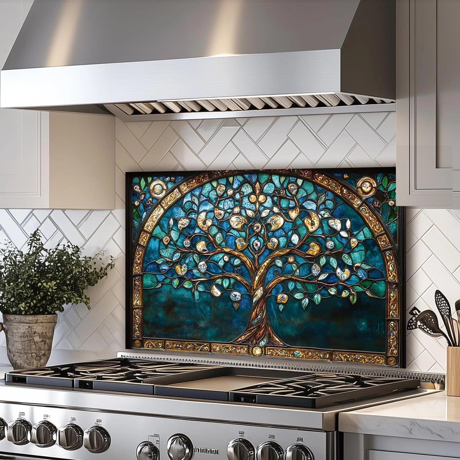 Tree of Life Bohemia tempered glass kitchen backsplash size reference view