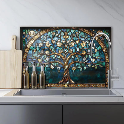 Tree of Life Bohemia tempered glass kitchen backsplash installation detail