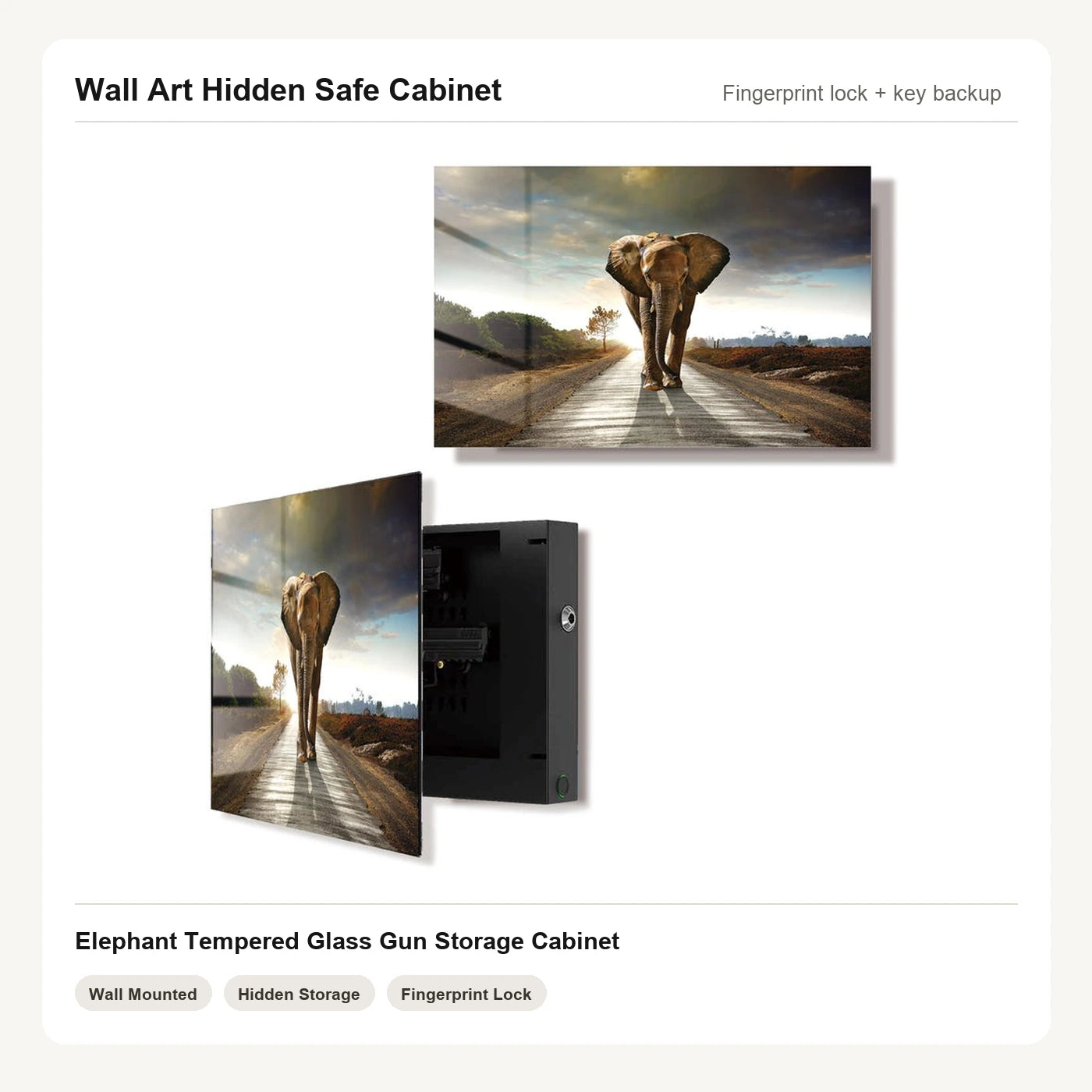Elephant Wall Art Hidden Gun Safe Cabinet with fingerprint lock by Unique Zone