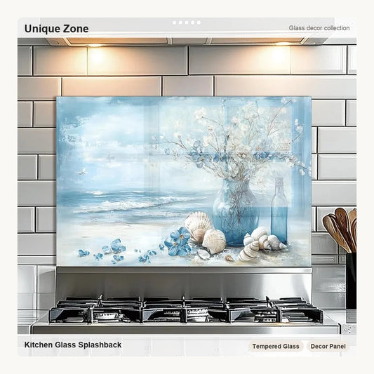 Blue Beach Tempered Glass Backsplash for Kitchen Behind Stove - Unique Zone correct branded main image