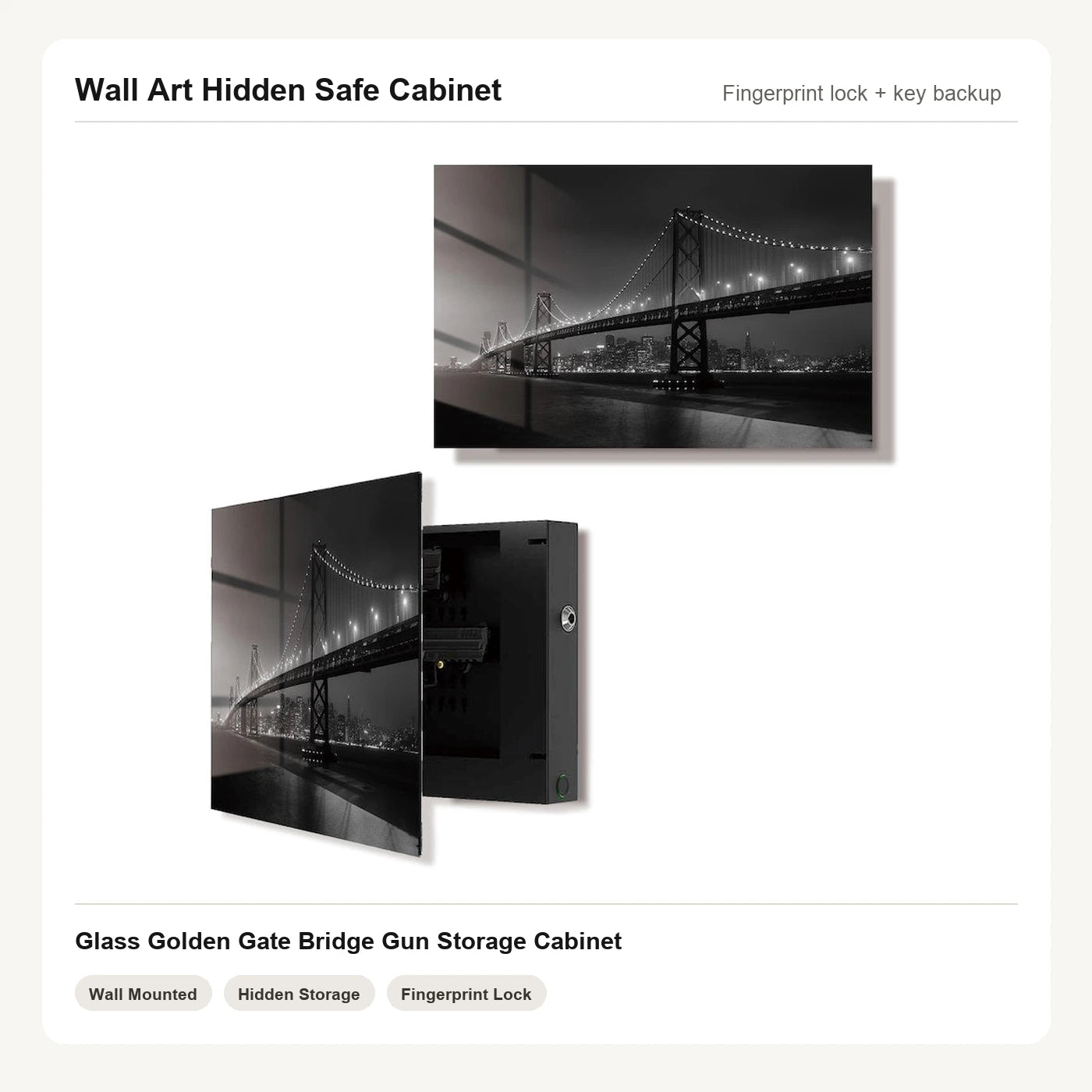 Golden Gate Bridge Wall Art Hidden Gun Safe Cabinet with fingerprint lock by Unique Zone