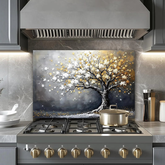 Tree of Life tempered glass kitchen backsplash installation detail