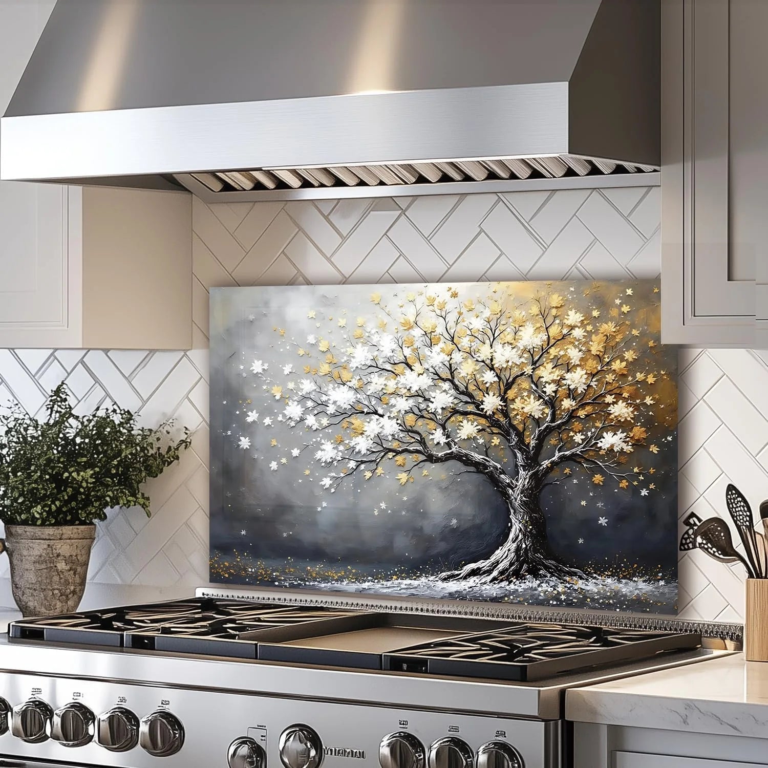 Tree of Life tempered glass kitchen backsplash size reference view