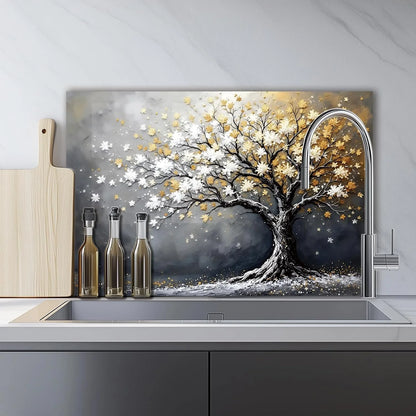 Tree of Life tempered glass kitchen backsplash glass surface detail