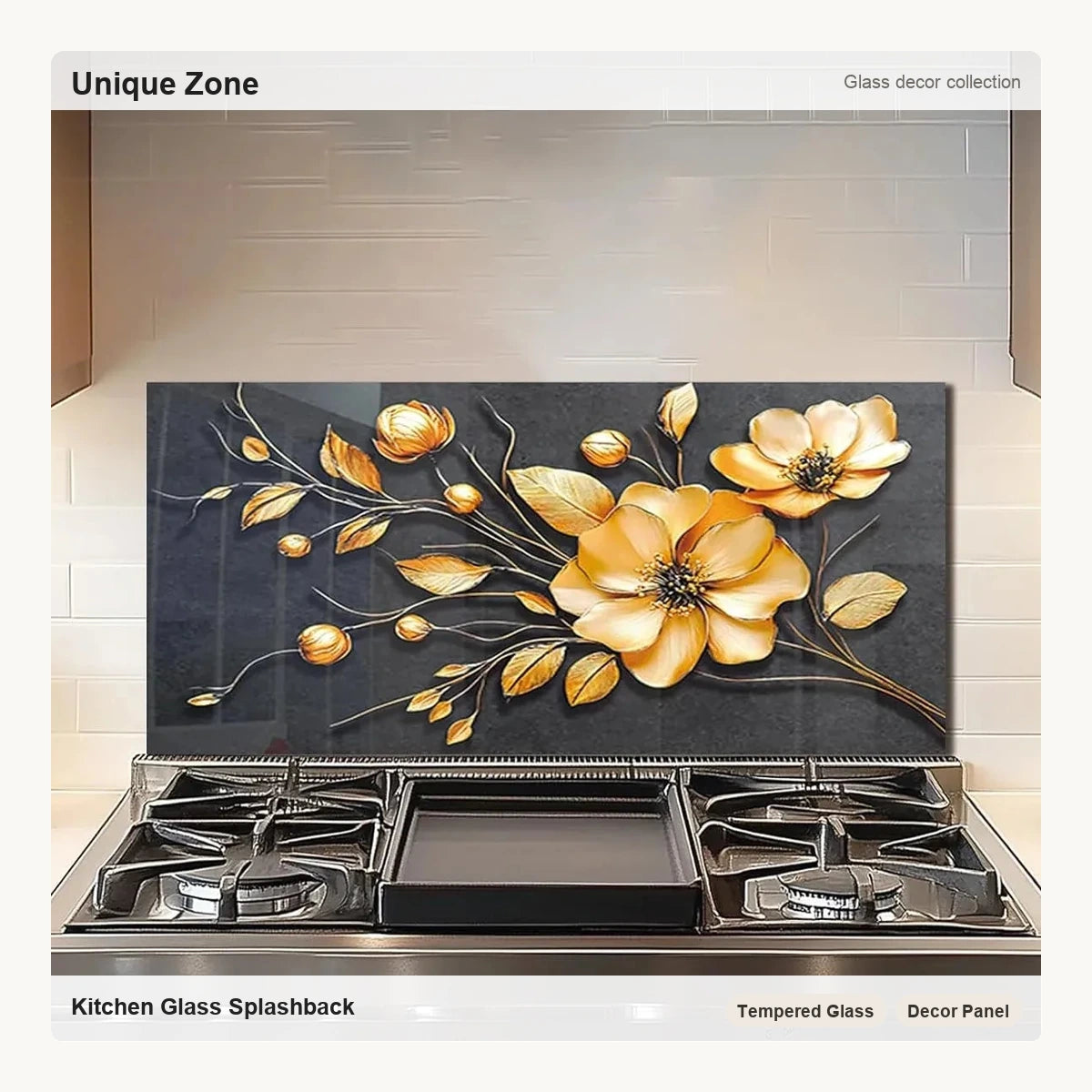 Tempered Glass Golden Flower Stove Back Top Cover - Unique Zone correct branded main image