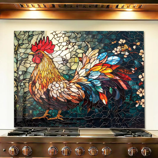 Colorful Mosaic Rooster tempered glass kitchen backsplash close-up product view