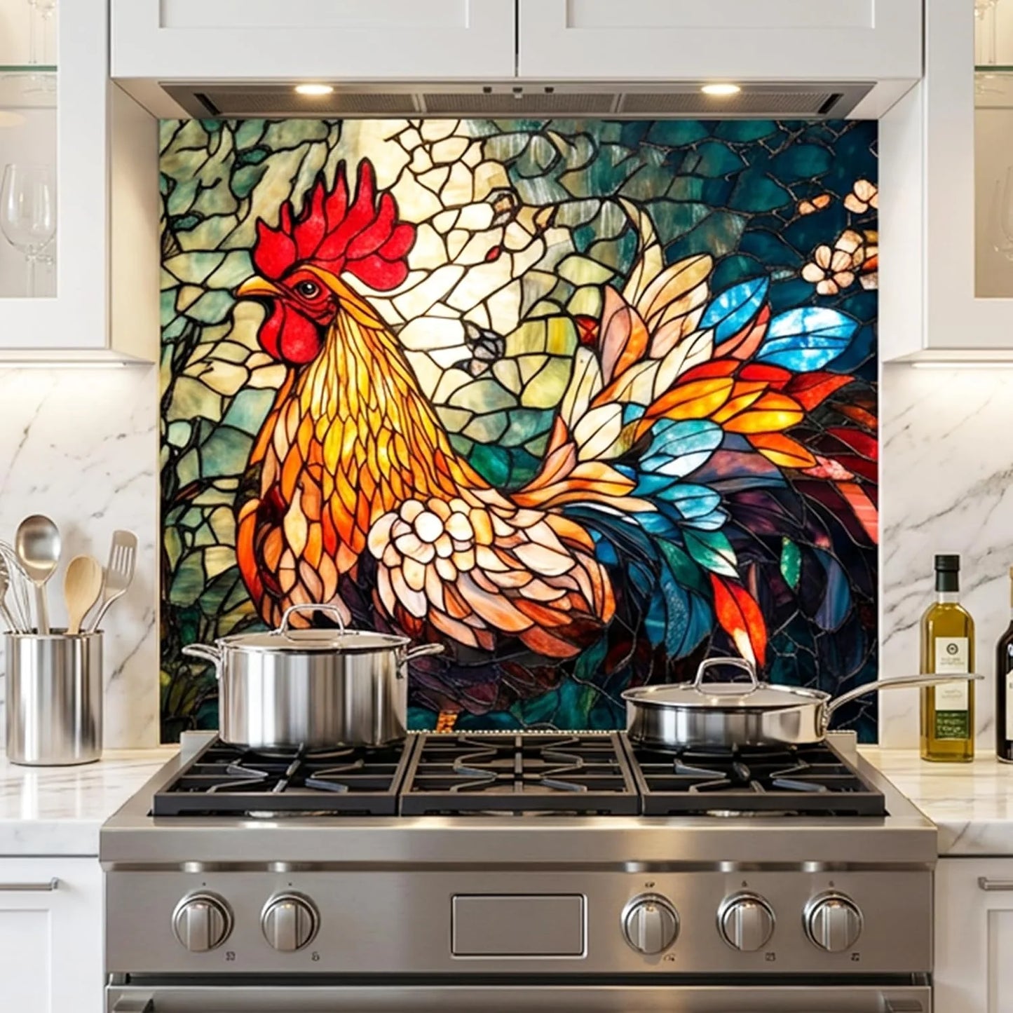 Colorful Mosaic Rooster tempered glass kitchen backsplash kitchen wall display