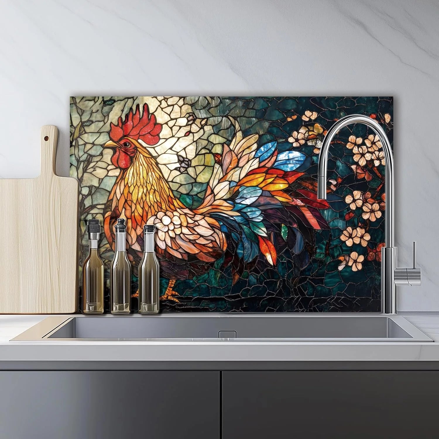 Colorful Mosaic Rooster tempered glass kitchen backsplash size reference view