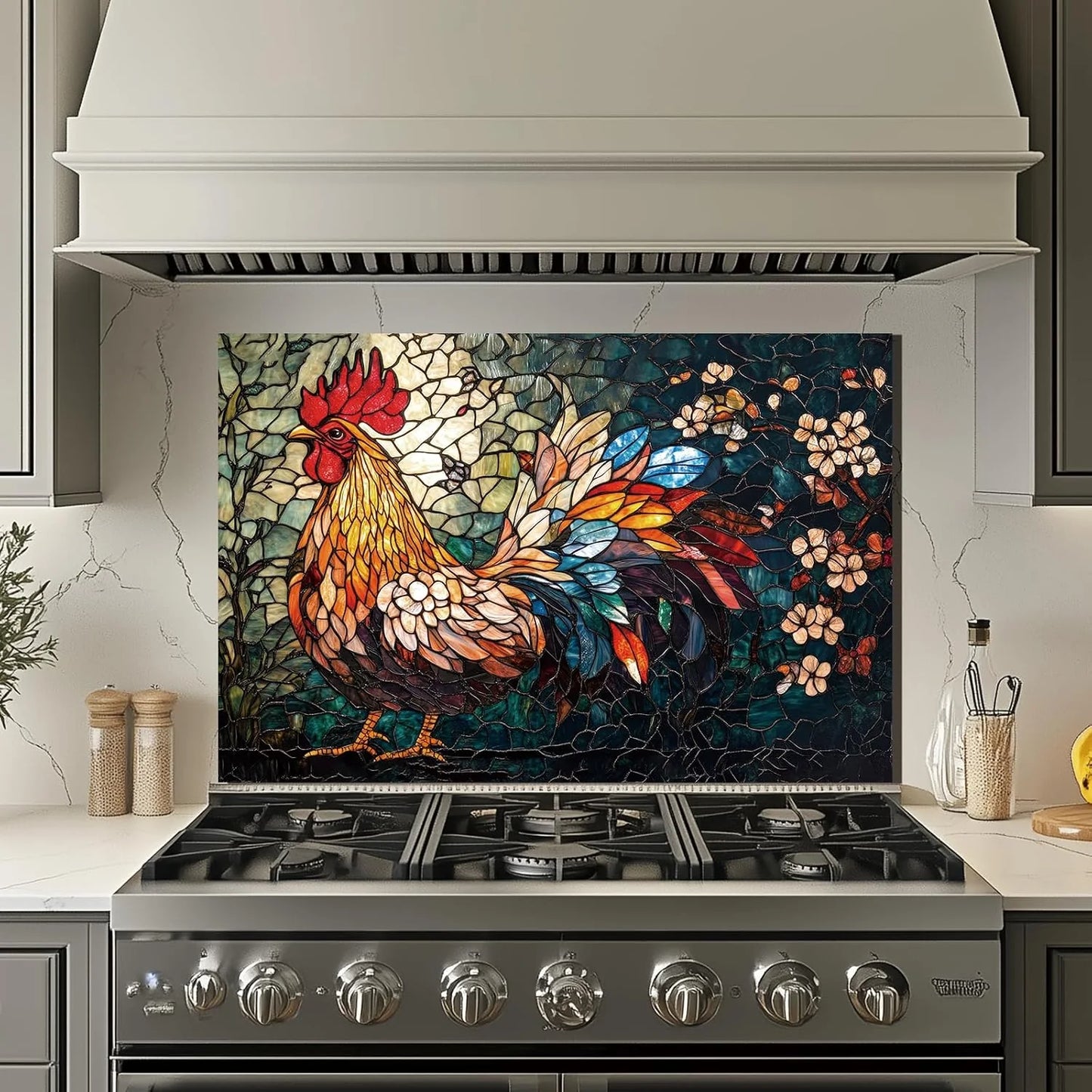 Colorful Mosaic Rooster tempered glass kitchen backsplash installation detail