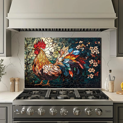 Colorful Mosaic Rooster tempered glass kitchen backsplash installation detail